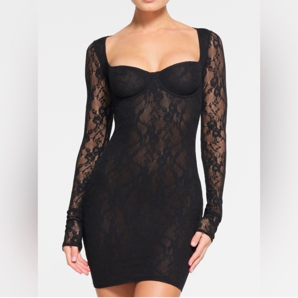 Skims Stretch Lace Dress underwire cups long sleeve NEW W TAGS ONYX SZ MEDIUM